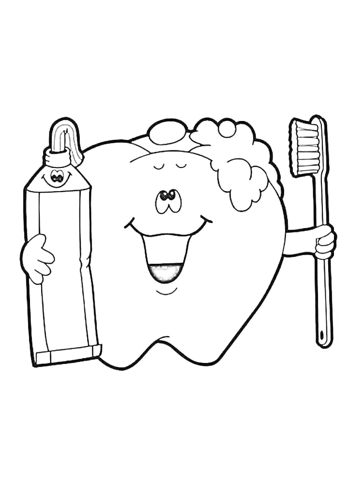 На раскраске изображено: Зубная паста, Зубная щетка, Зубы, Уход за зубами, Чистка зубов, Гигиена, Герои мультфильмов