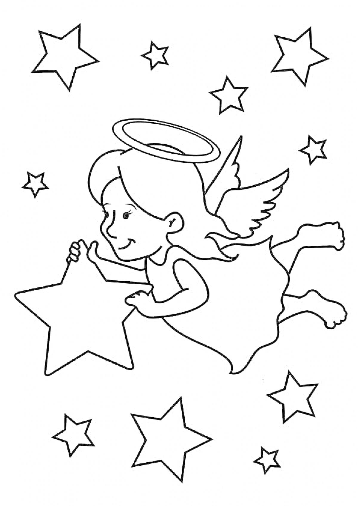 Раскраска Летающий ангел с нимбом и звездой, окруженный звездами