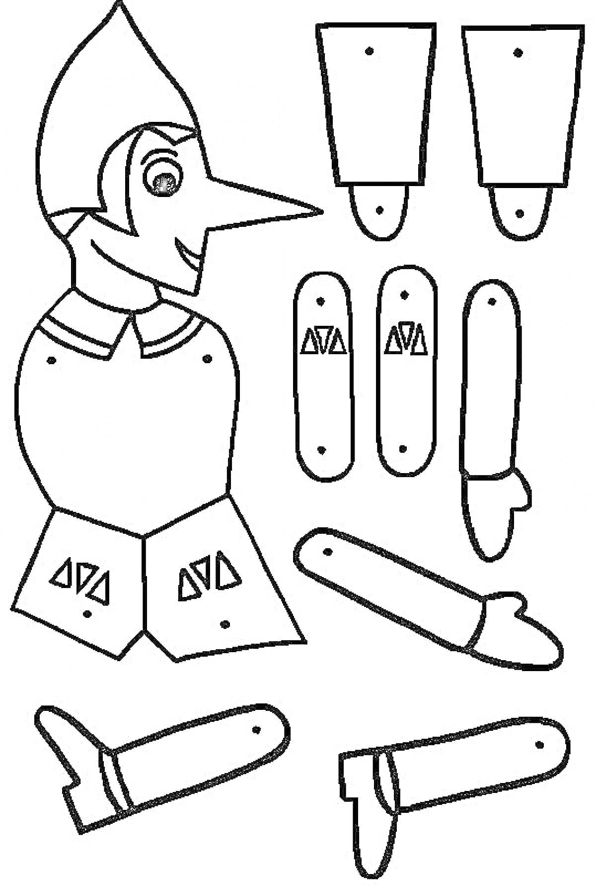 Раскраска Марионетка с головой пиноккио и отдельными элементами туловища, рук и ног