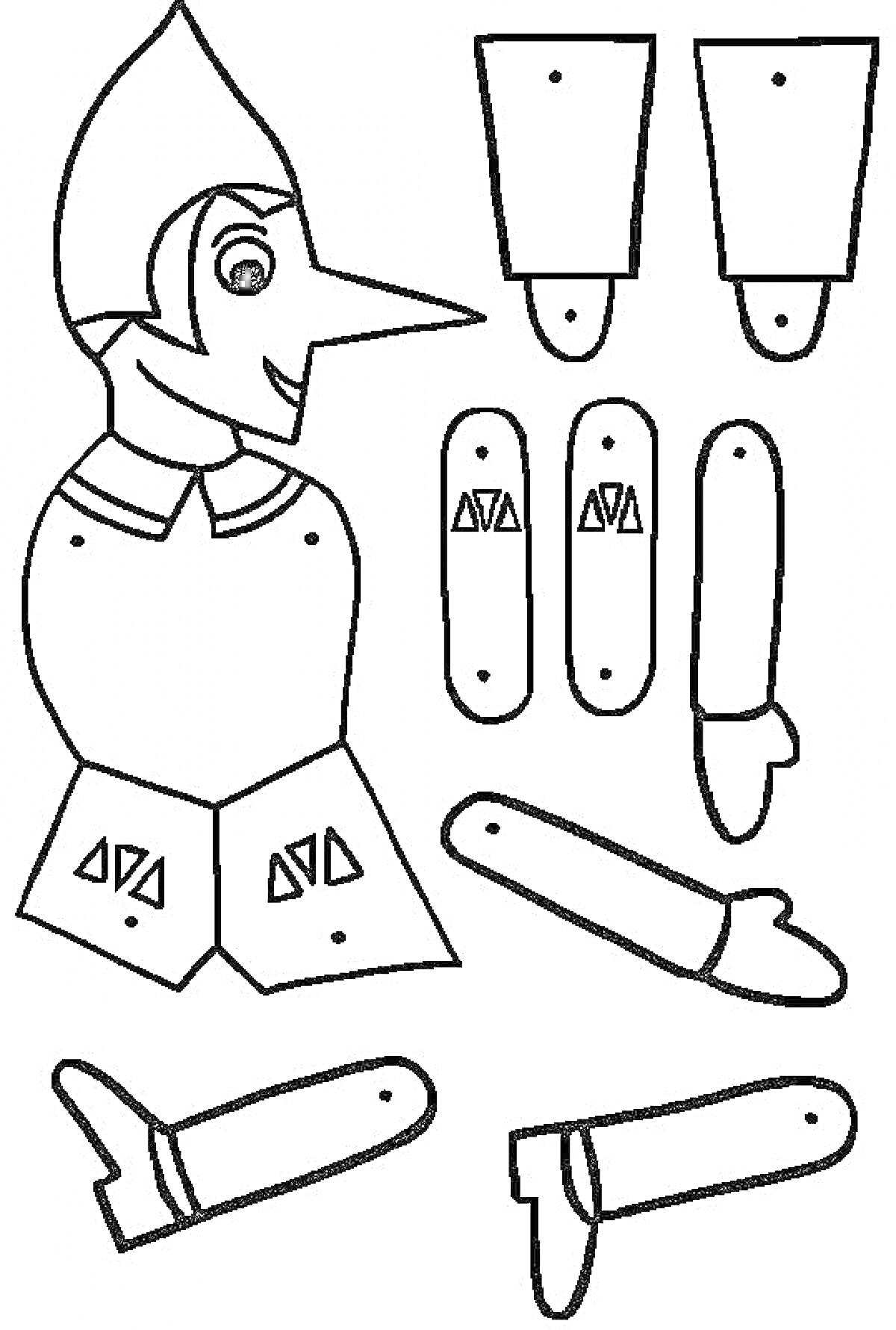На раскраске изображено: Марионетка, Пиноккио, Части тела, Руки, Ноги, Голова, Ремесло, Творчество, Кукла, Бумага