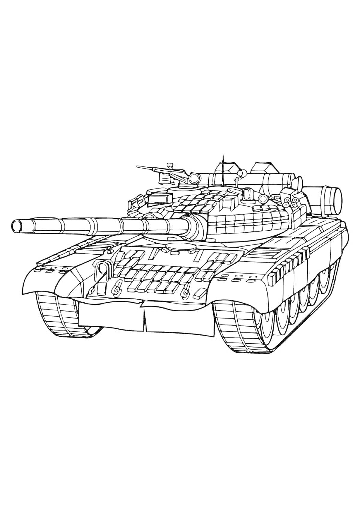 Раскраска Танк Т-14 Армата с пушкой, башней и гусеницами, вид спереди-сбоку