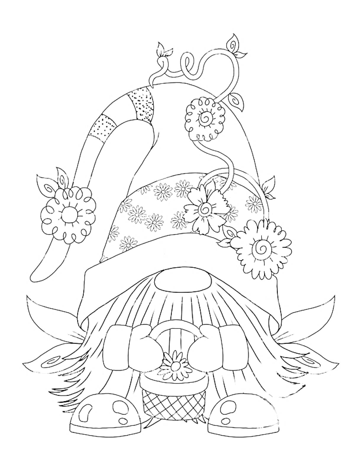 Раскраска Гномик с длинной шапкой, украшенной цветами, который держит корзину