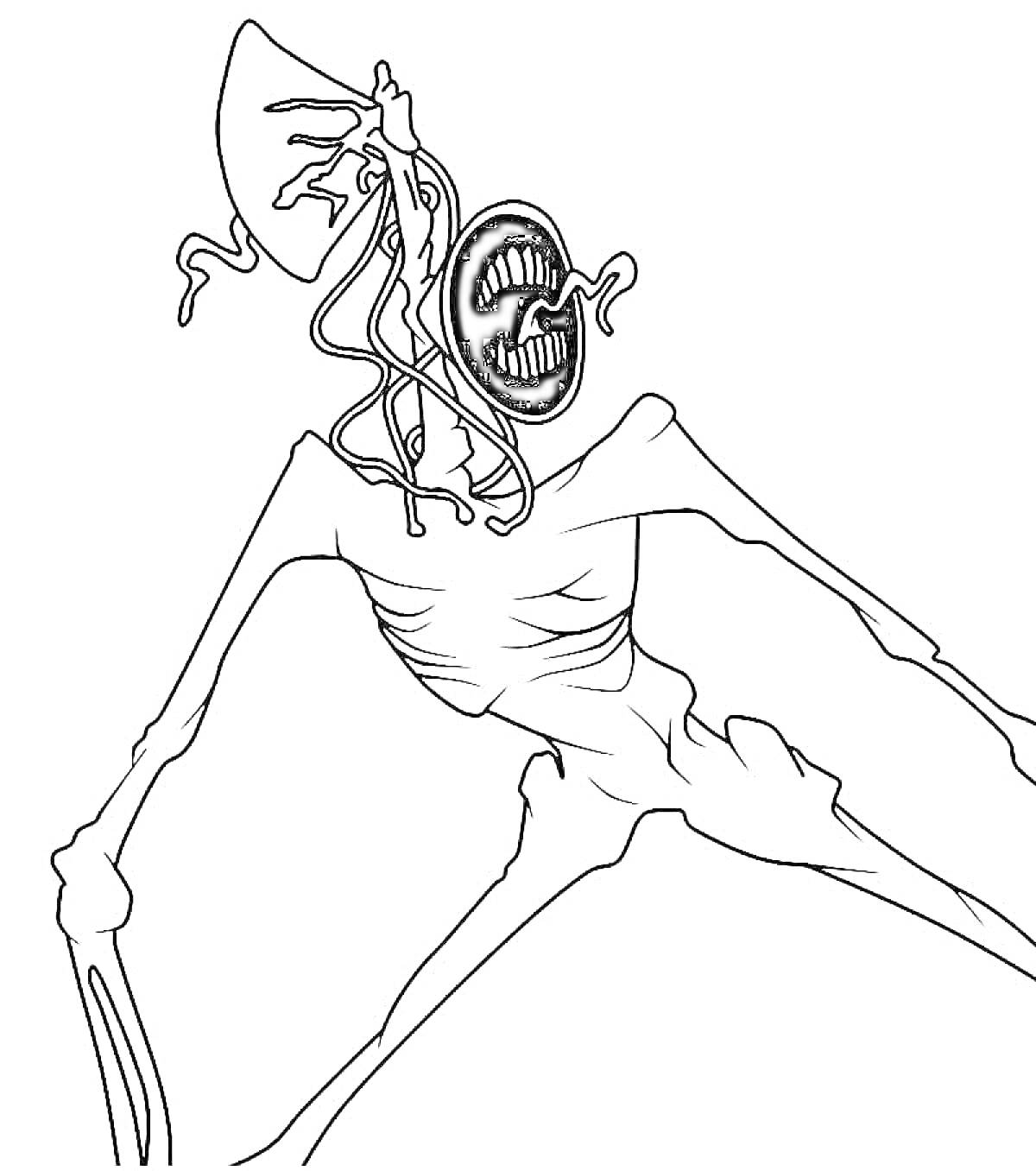 Раскраска Сиреноголовый с длинными конечностями и анатомическими особенностями туловища, наличие сирены и зловещих элементов