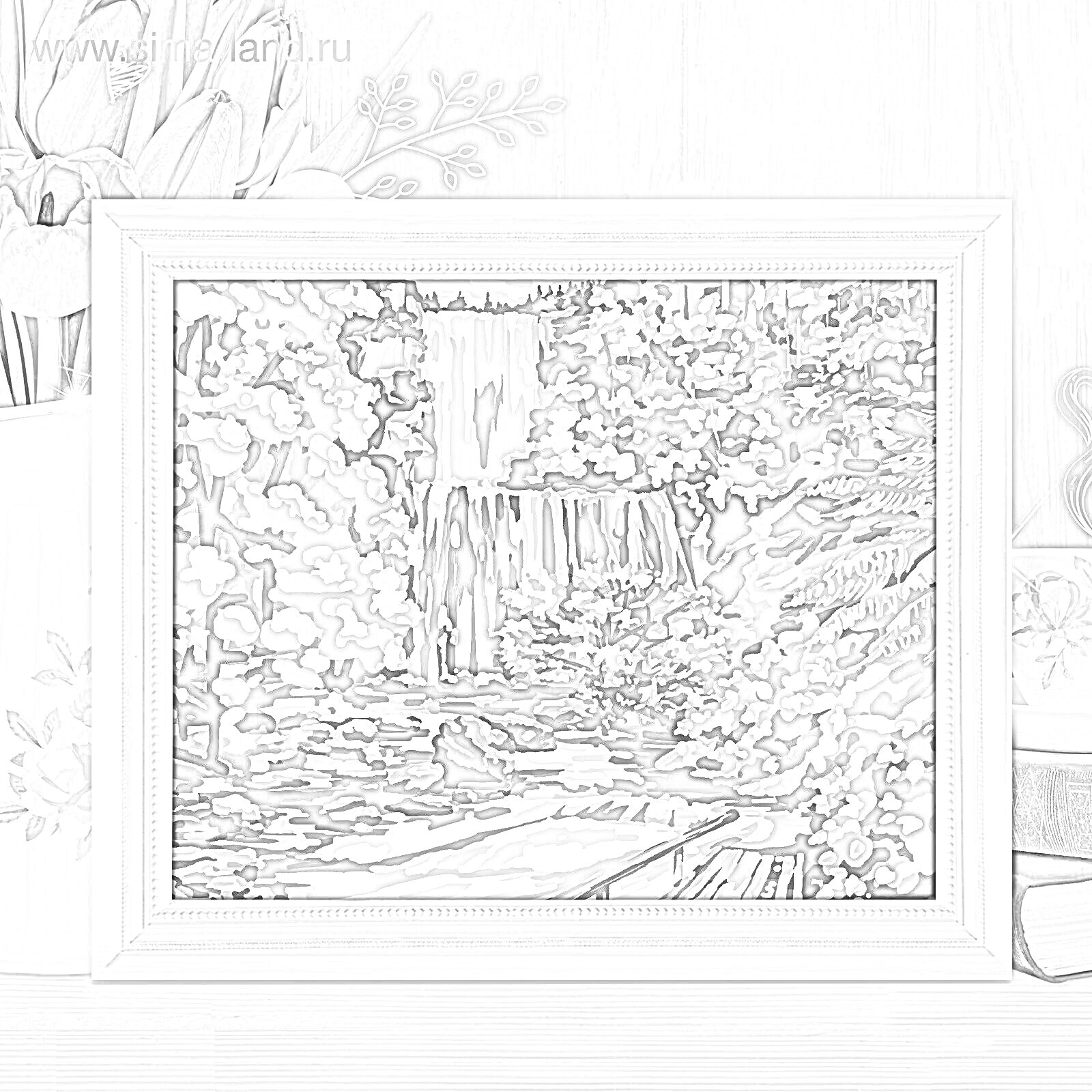 На раскраске изображено: Водопад, Лес, Ручей, Цветы