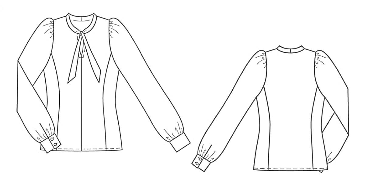 На раскраске изображено: Блузка, Длинные рукава, Манжеты, Плечи, Бант, Шея, Одежда, Мода