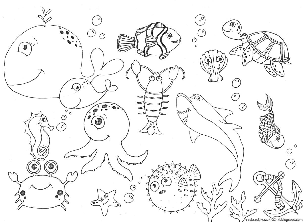 Раскраска с морскими обитателями: кит, рыбка, креветка, осьминог, морская черепаха, рыбка-фугас, акула, морской конек, краб, морская звезда, подводные растения, кораллы, якорь.
