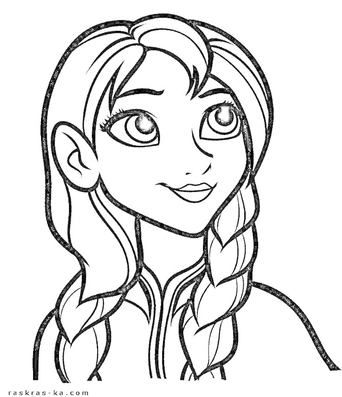 Раскраска Портрет девушки с двумя косами и широкой улыбкой