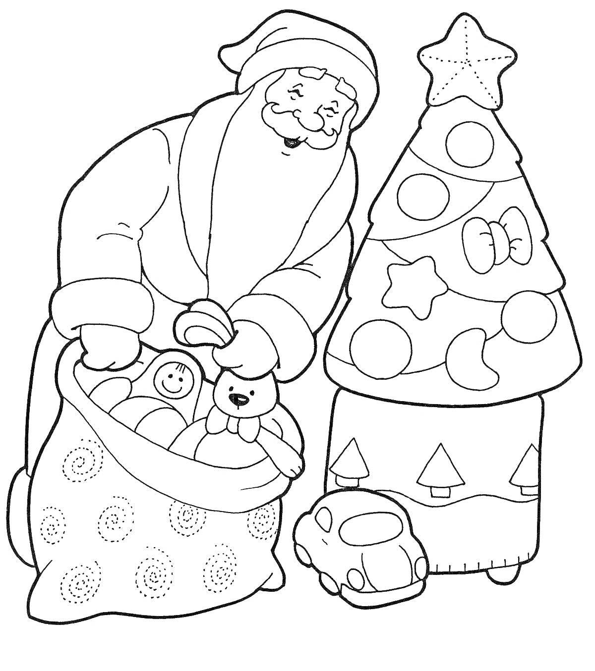 На раскраске изображено: Дед Мороз, Мешок с подарками, Игрушки, Новый год, Рождество, Праздничные украшения, Игрушечная машина, Снежинки