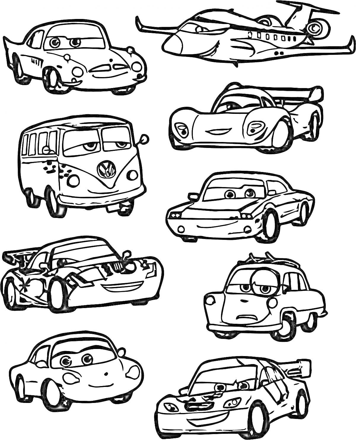 Раскраска Раскраска с изображением различных персонажей из мультфильма про автомобили и самолеты
