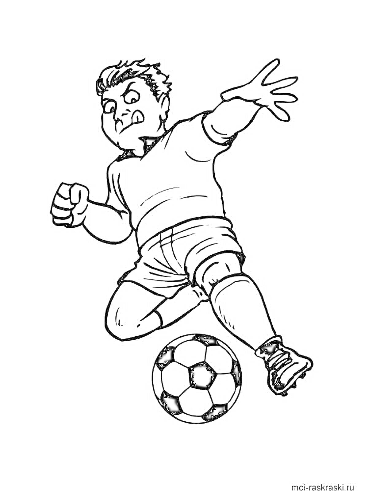 На раскраске изображено: Футболист, Ребёнок, Футбол, Игра, Спортивная одежда, Активность, Спорт, Мячи