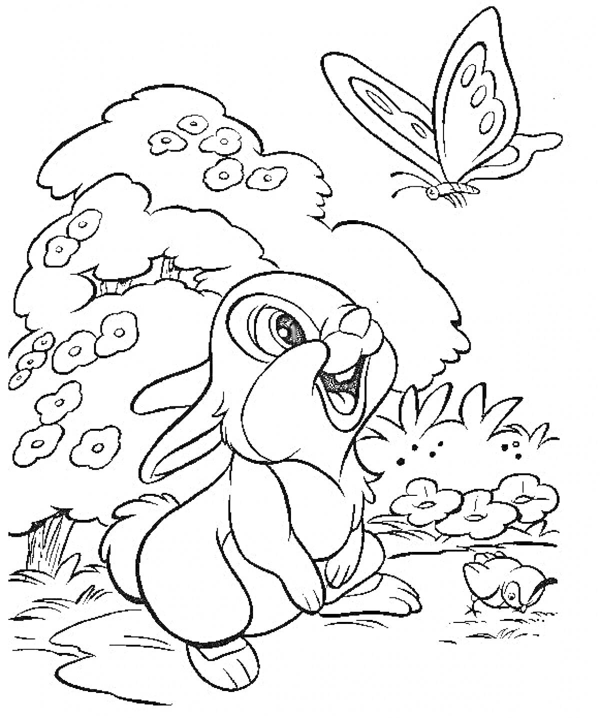 На раскраске изображено: Бэмби, Кролик, Бабочка, Природа, Цветы, Кусты, Из мультфильмов