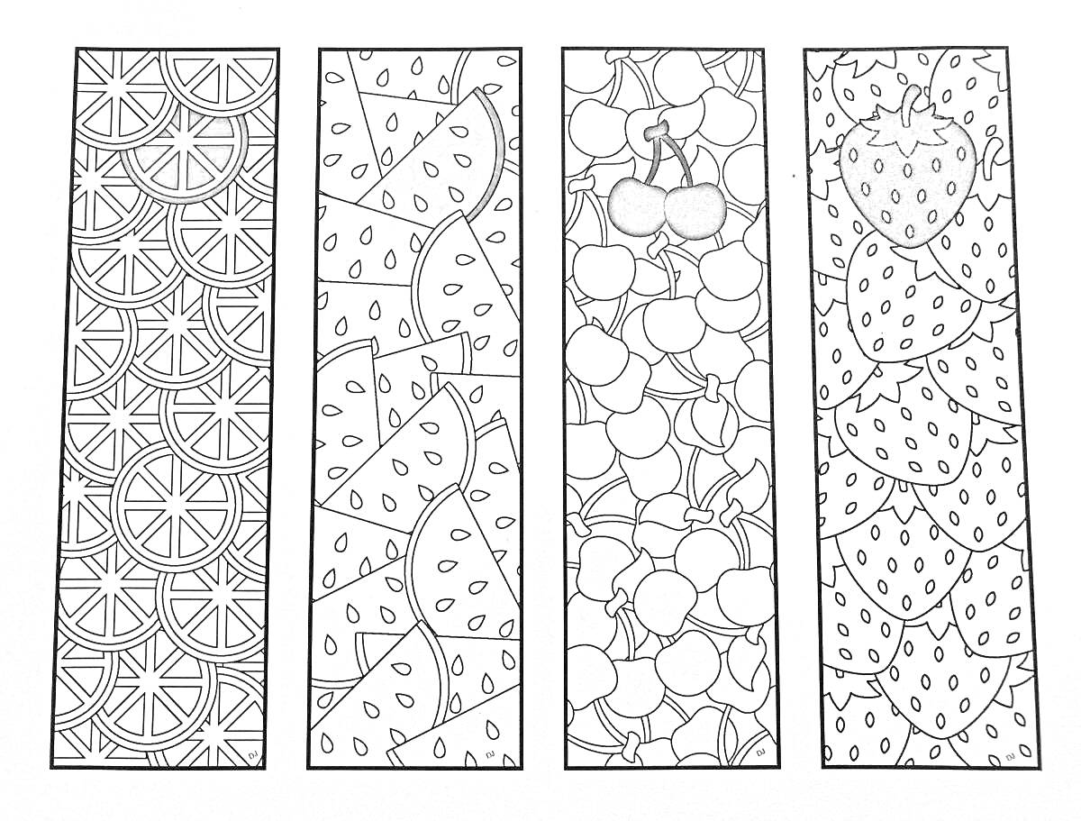 На раскраске изображено: Закладки, Фрукты, Апельсин, Арбуз, Клубника