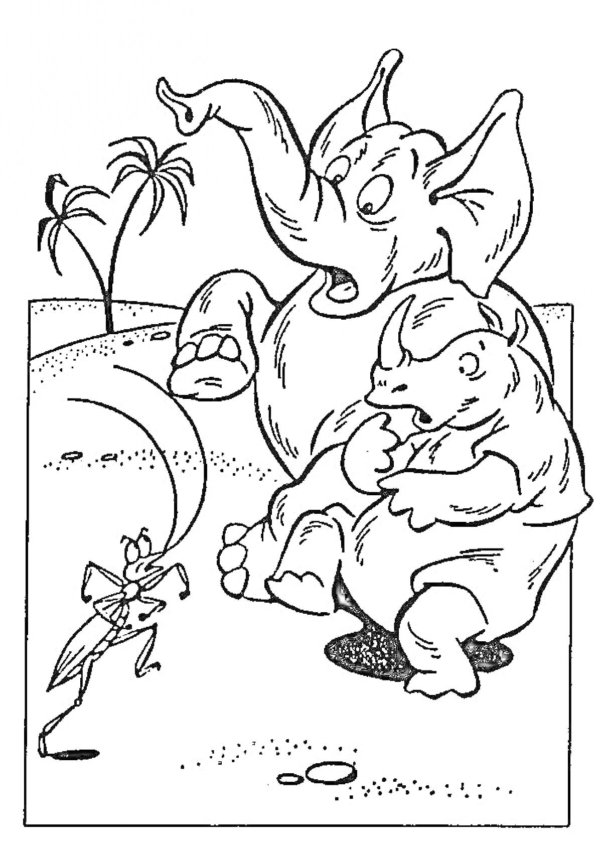 Раскраска Муравей, слон и носорог на фоне пальм