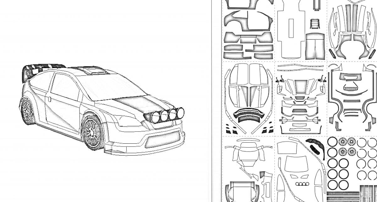 Раскраска Модель автомобиля для сборки из бумаги, с элементами для вырезания и сгибания