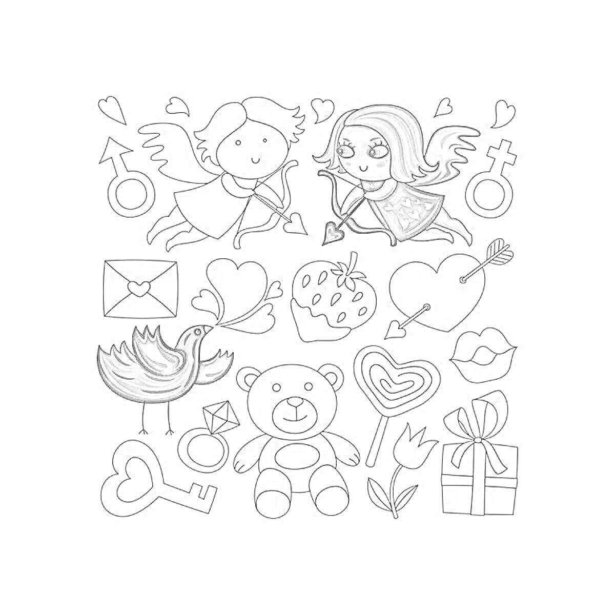 РаскраскаНаклейки для девочек: ангелы, письма, сердца, клубника, лебедь, кольцо, медведь, ключ, цветок, губы, подарок