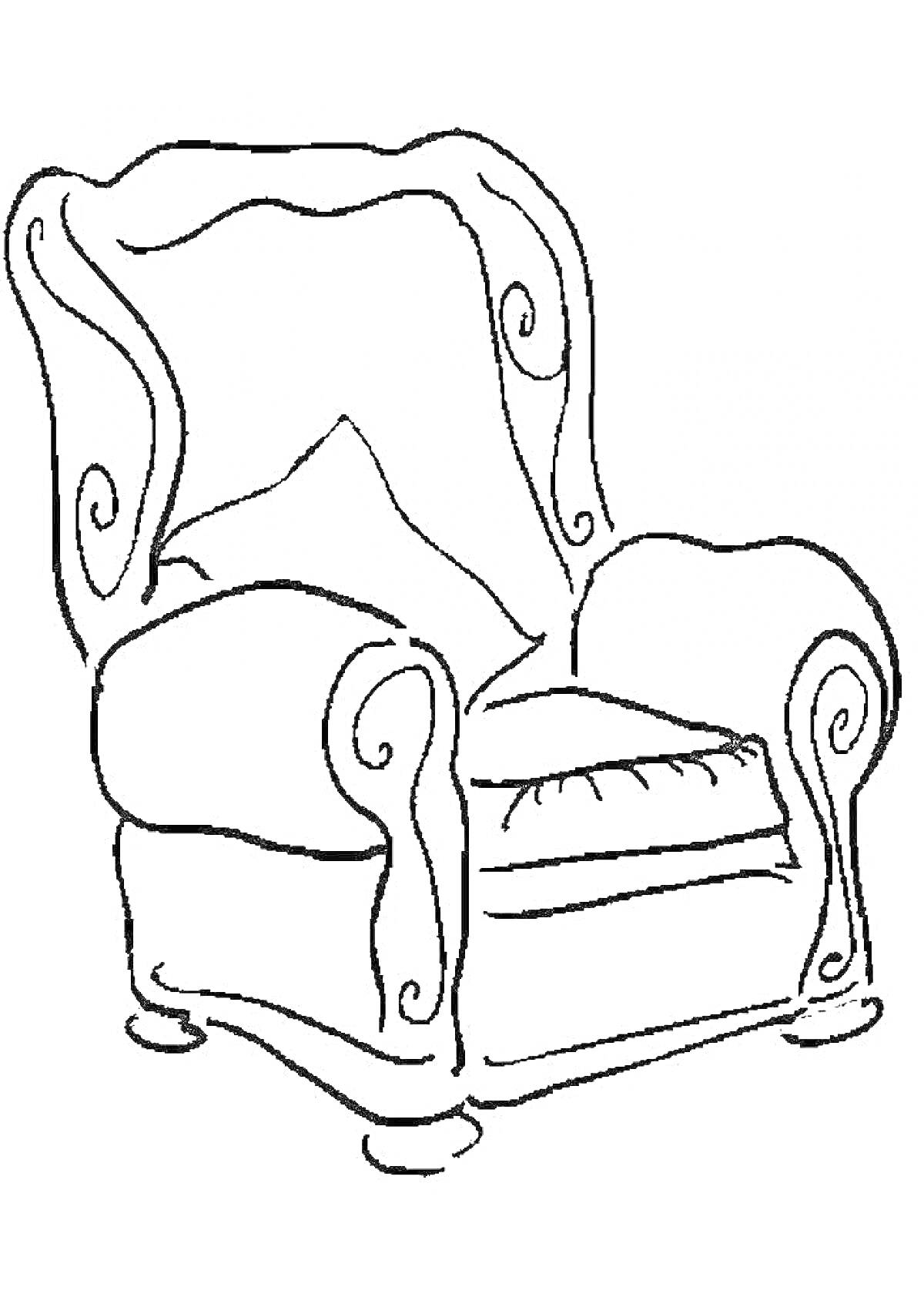 На раскраске изображено: Кресло, Подушка, Узоры, Мебель, Для детей, 3 года, 4 года, Спинка, Подлокотники, Сидение