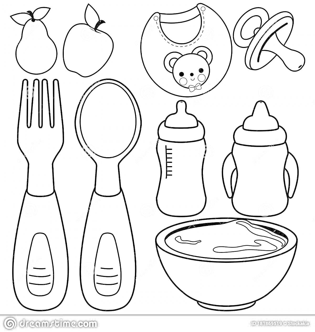 Раскраска груши, яблоко, слюнявчик с медвежонком, пустышка, вилка, ложка, две детские бутылочки, миска с супом