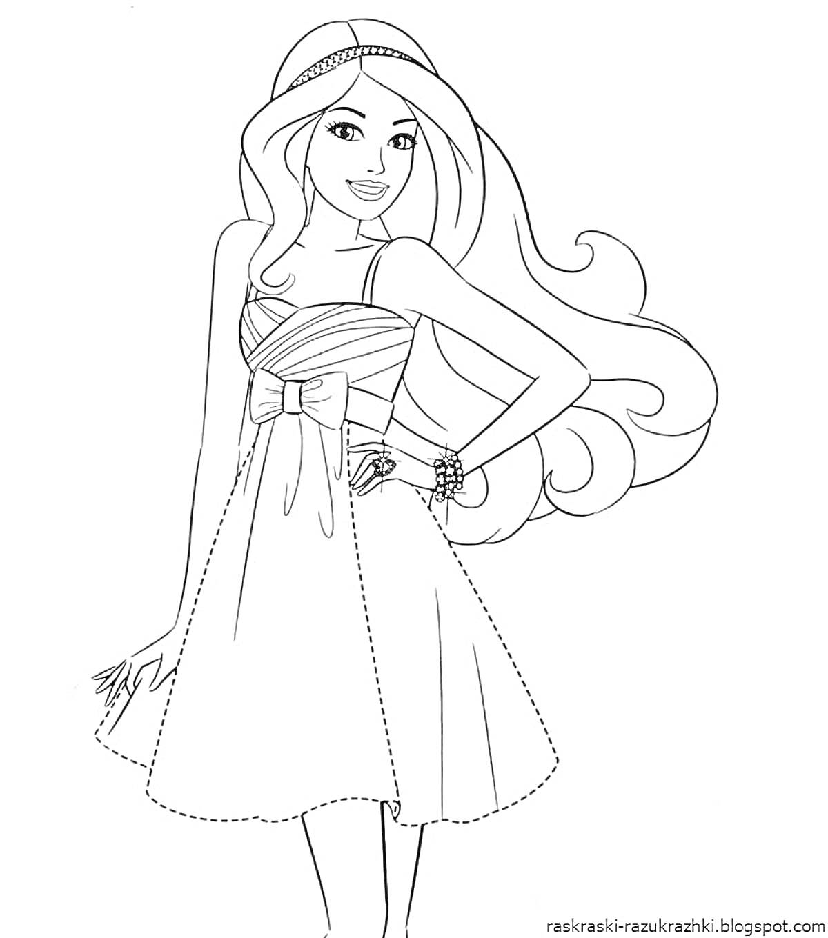 Раскраска Кукла Барби в платье с бантом и распущенными волосами
