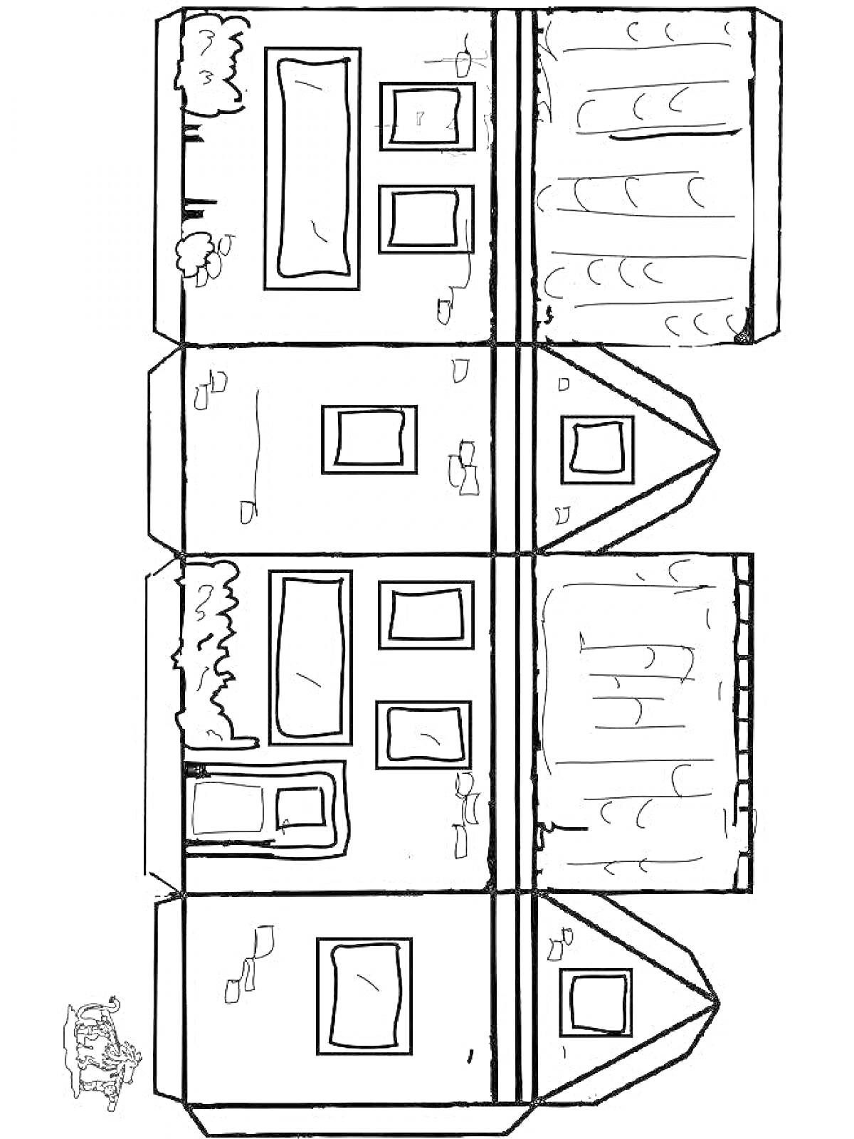 Раскраска Бумажный дом с окнами, дверьми и крышей для вырезания и сборки