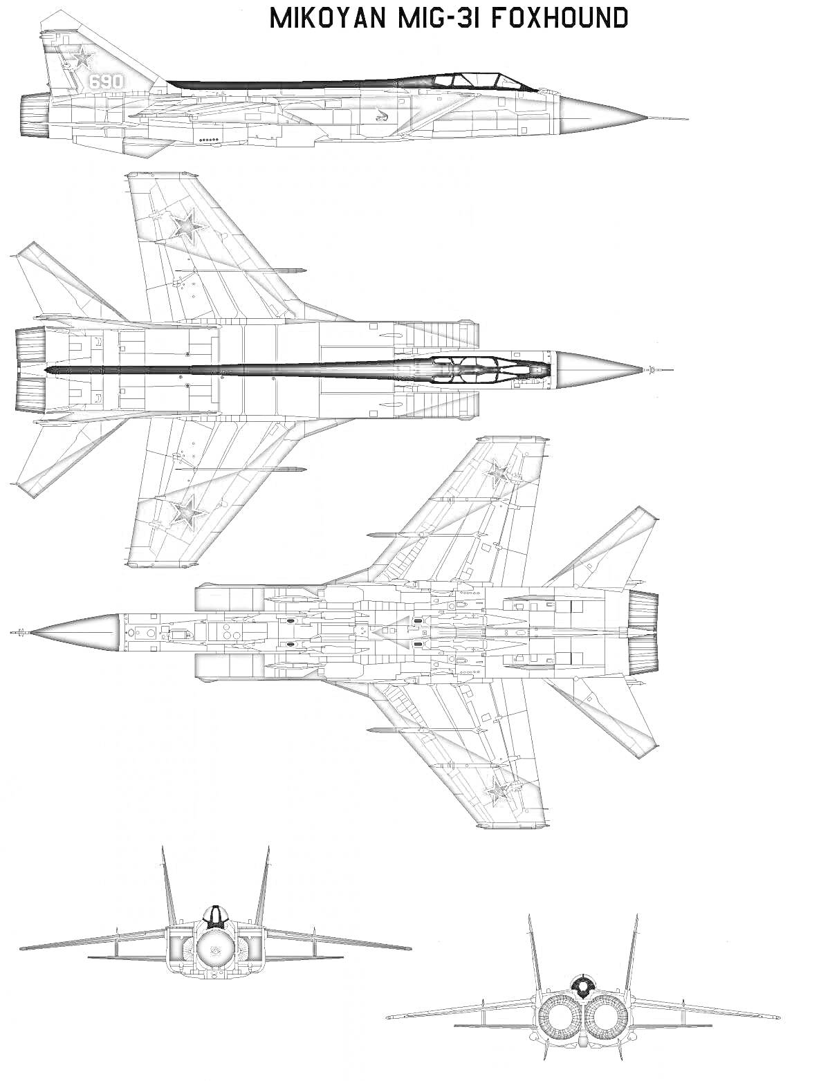 Раскраска МиГ-31, чертеж в 5 проекциях, вид сбоку, вид сверху, вид снизу, вид спереди, вид сзади, военный самолет.