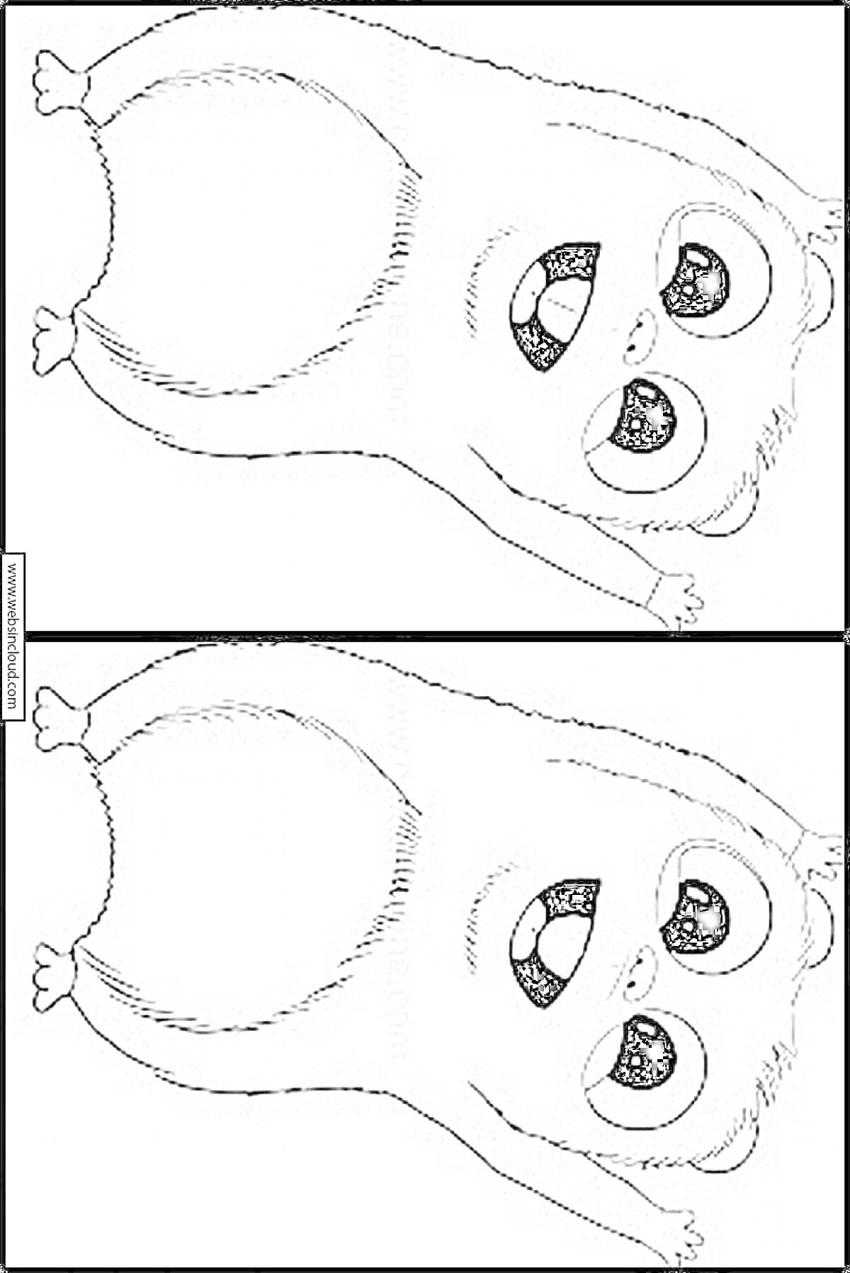 Раскраска Лемминги с поднятыми лапками (два одинаковых лемминга в верхней и нижней части изображения)