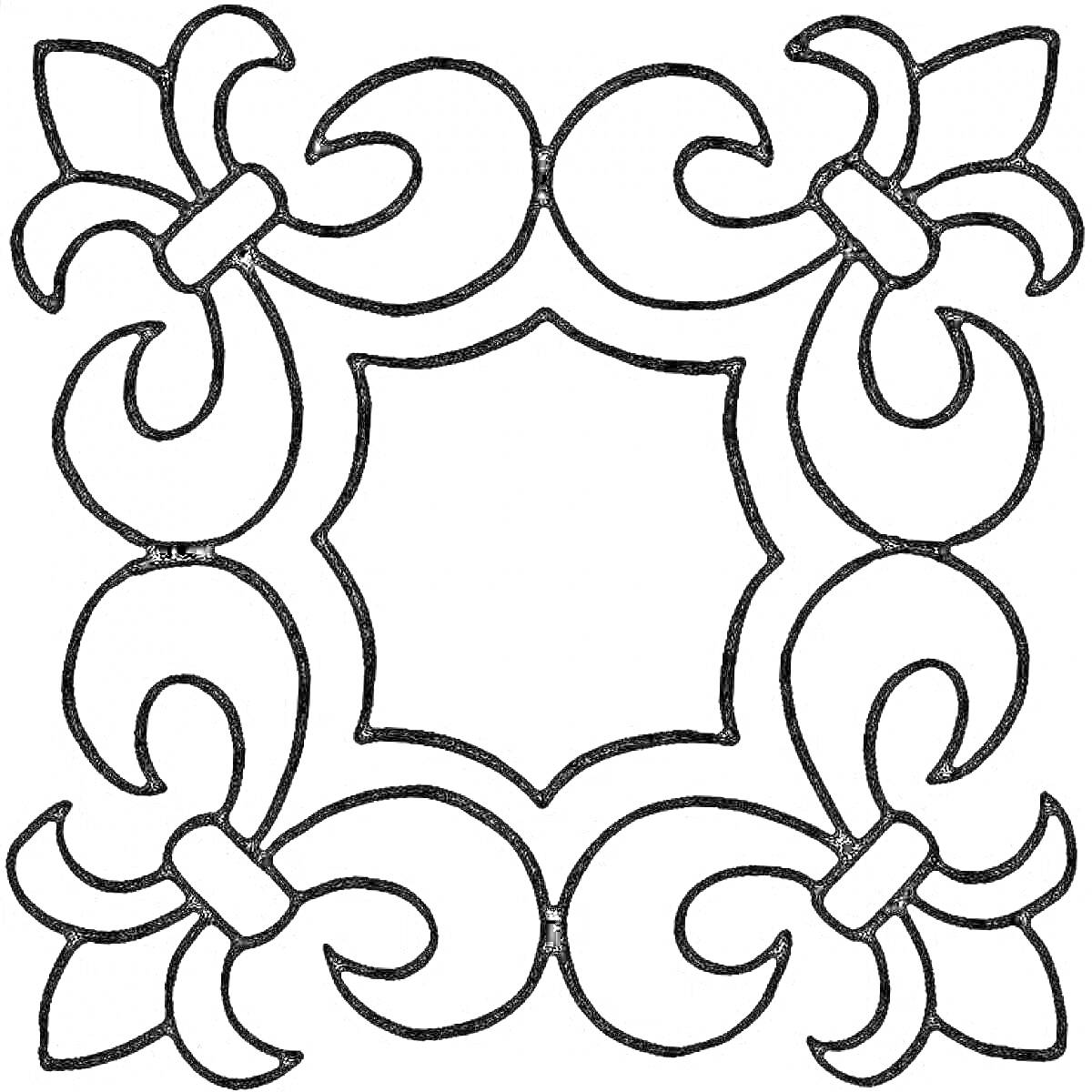 Раскраска Татарский орнамент с центральным восьмиугольником и четырьмя симметричными узорами по углам