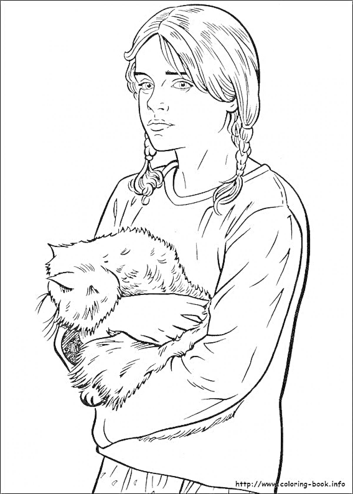 Раскраска Девочка с косичками, держащая пушистую кошку на руках