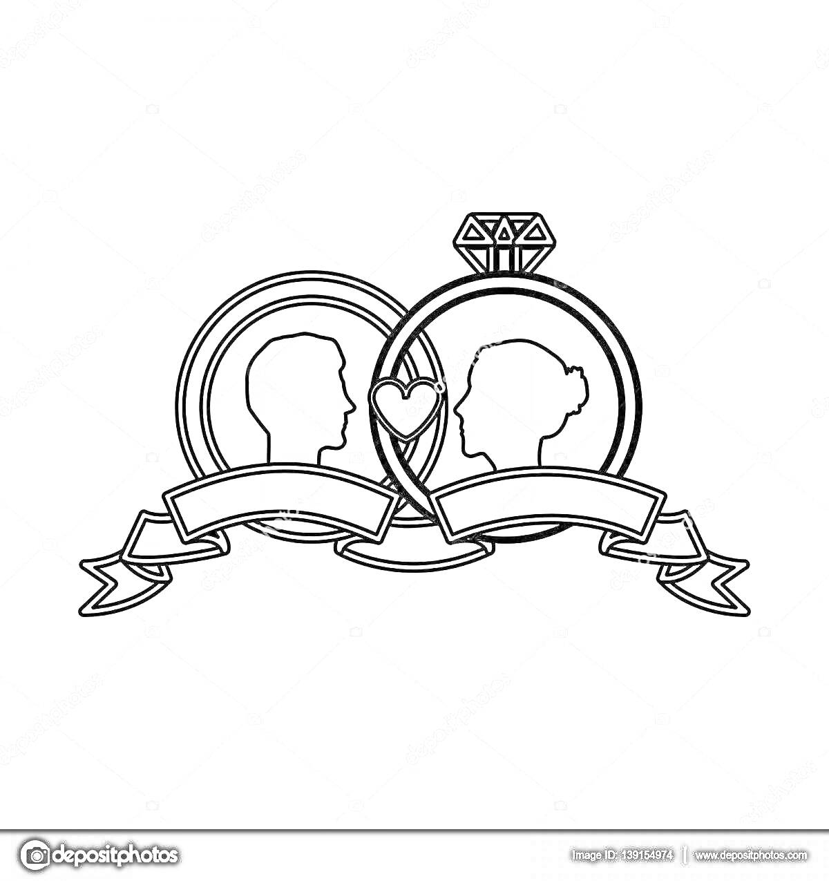 Раскраска Два обручальных кольца с силуэтами мужчинчкого и женского профиля, сердцем и лентами