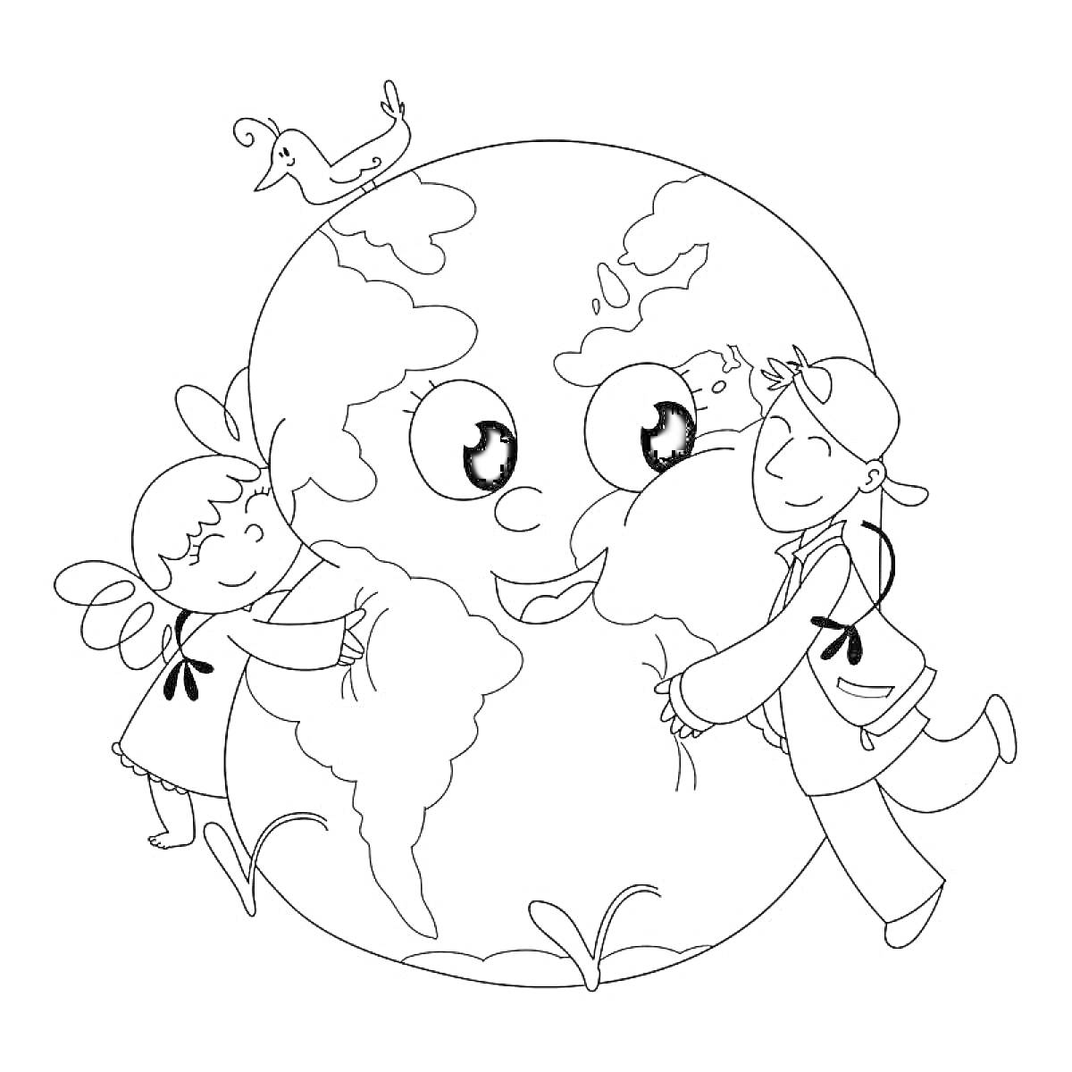 Земной шар с лицом и дети, обнимающие его, рядом птица