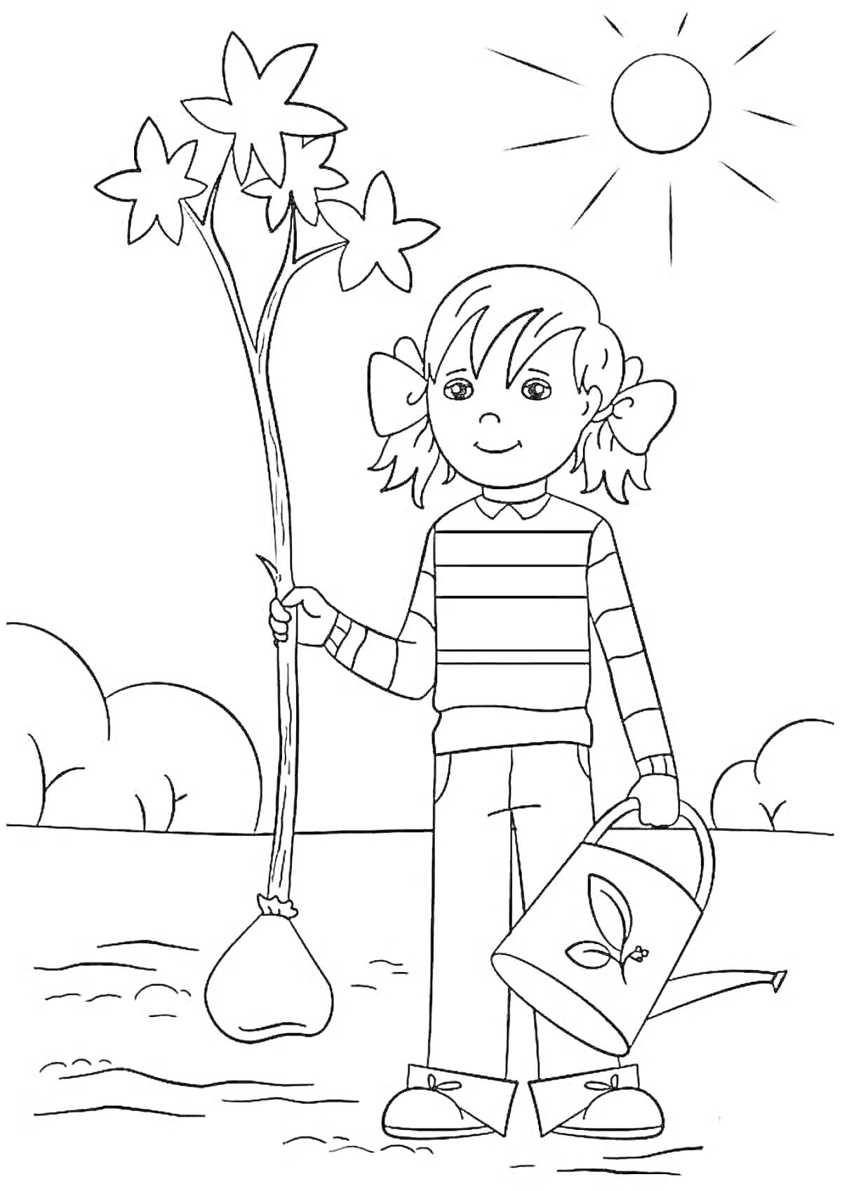 Раскраска Ребёнок сажает дерево под солнечным небом