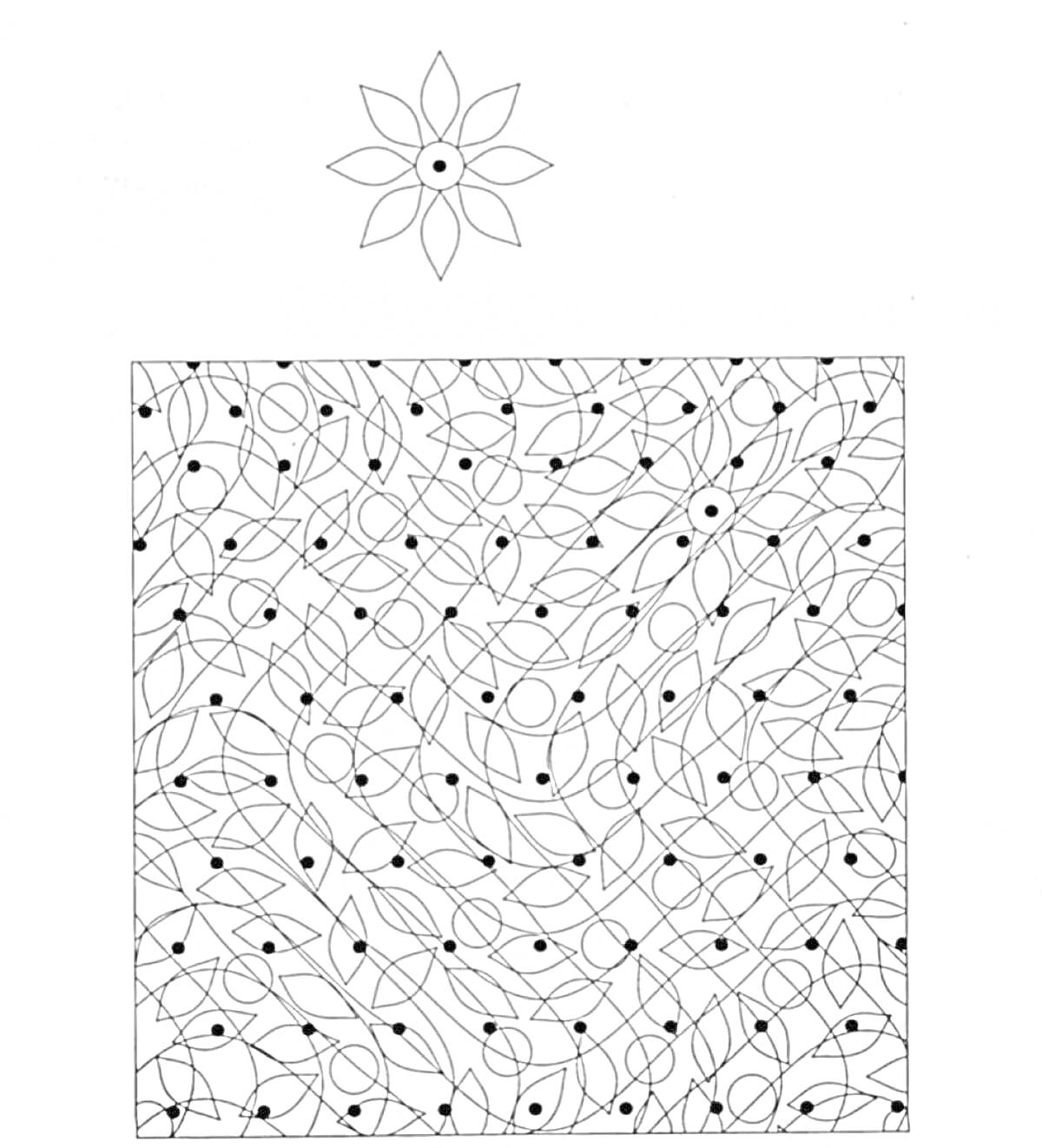 Цветок и геометрический узор с точками и линиями.