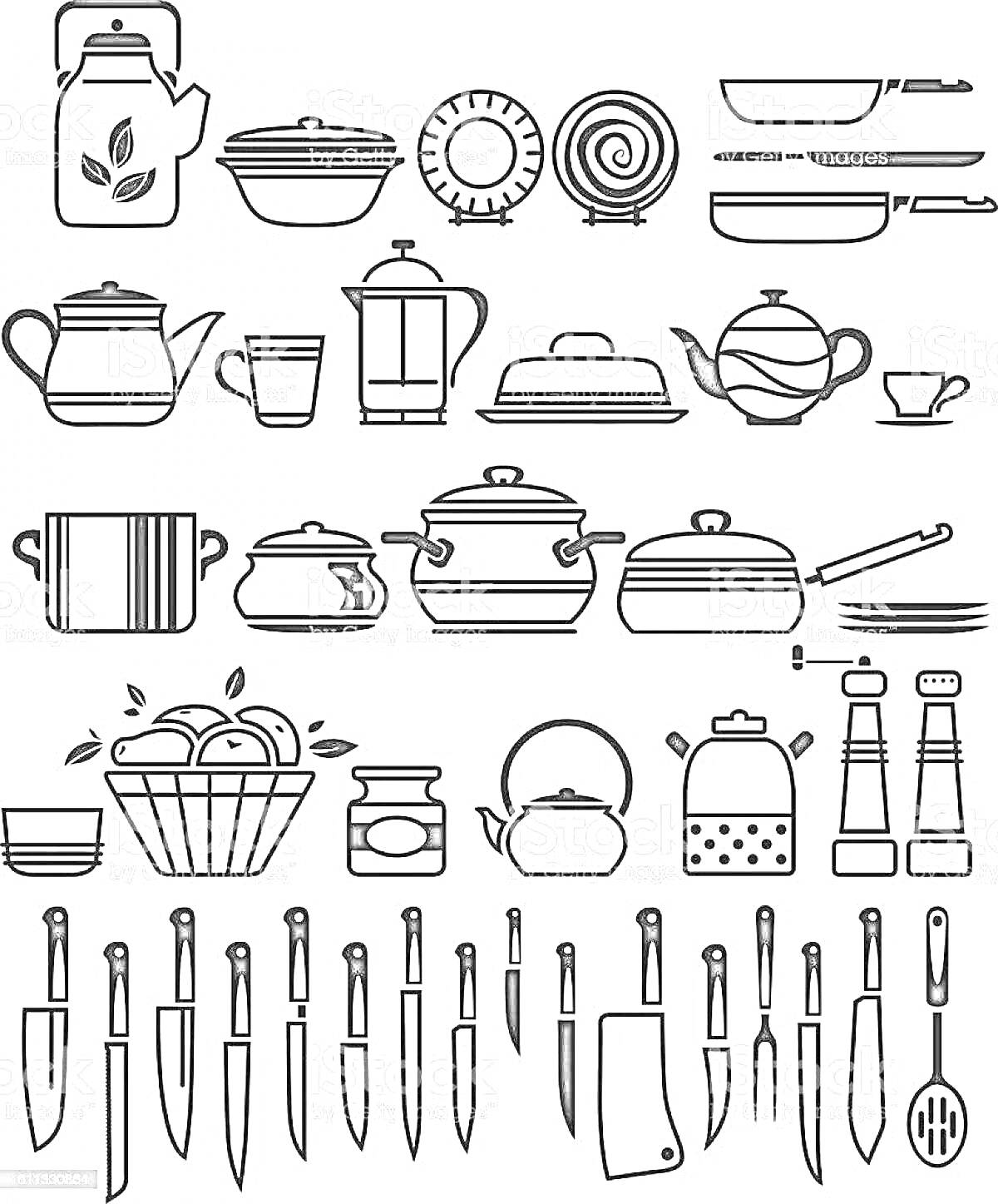 Раскраска Набор столовой посуды, включающий чайник, миску с крышкой, тарелку с узором, сковородки, кувшин, стакан, кофейный пресс, чайник с полосками, маленькую чашку, разделочную доску, кастрюли, нож для масла, поварешку, миску для фруктов, банку, чайник с овально