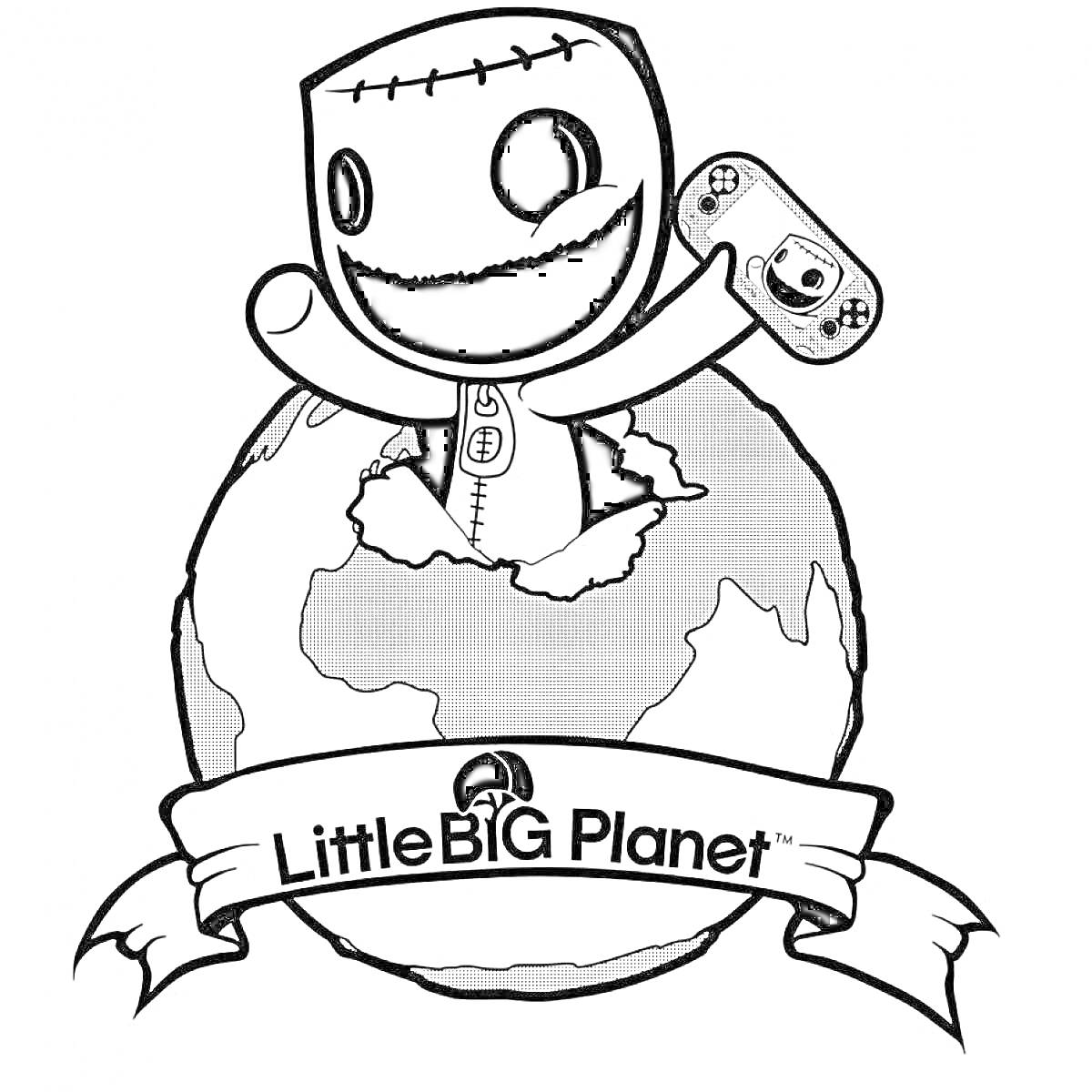 Раскраска Сэкбой с геймпадом на земном шаре с ленточкой LittleBIGPlanet