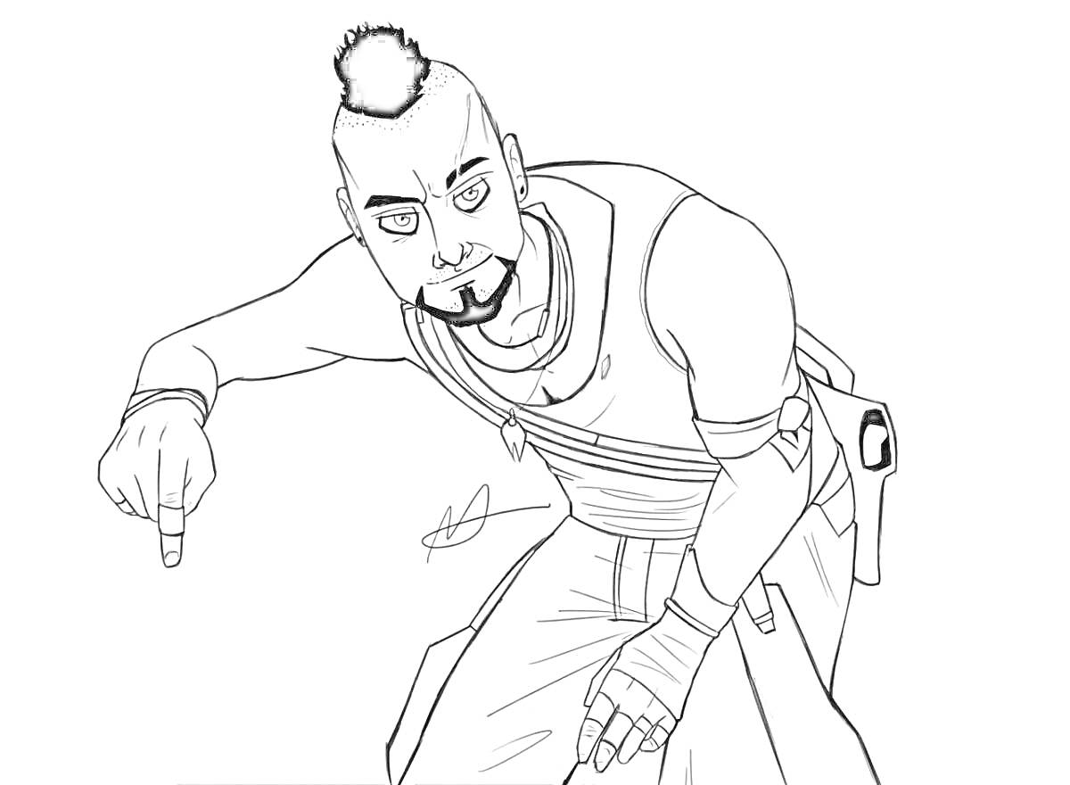 Раскраска Персонаж с прической ирокез, указывающий пальцем вниз, с бородкой, в браслетах, с пистолетом в кобуре