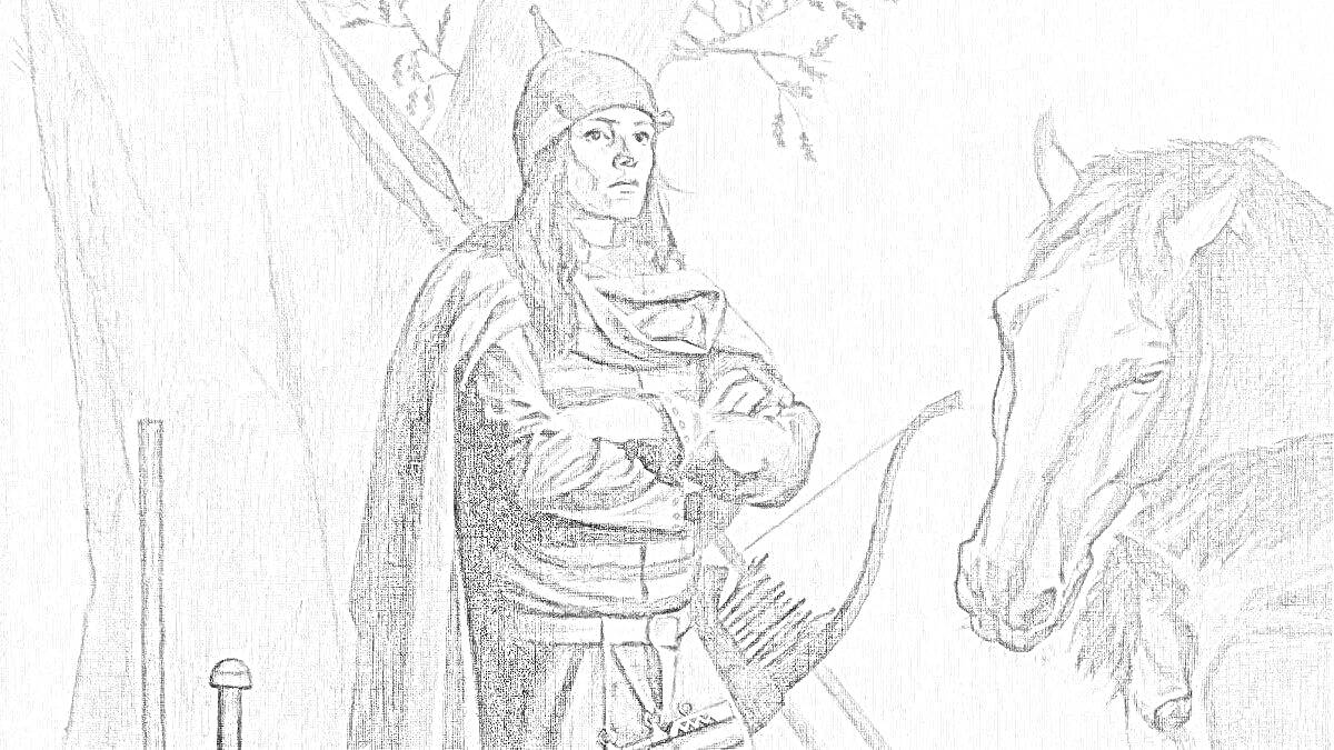 Раскраска Воин, стоящий у дерева с луком и колчаном, рядом лошадь