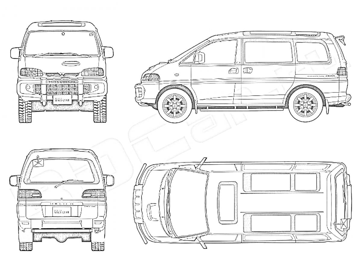 Раскраска Мицубиси Делика - вид спереди, сбоку, сзади и сверху