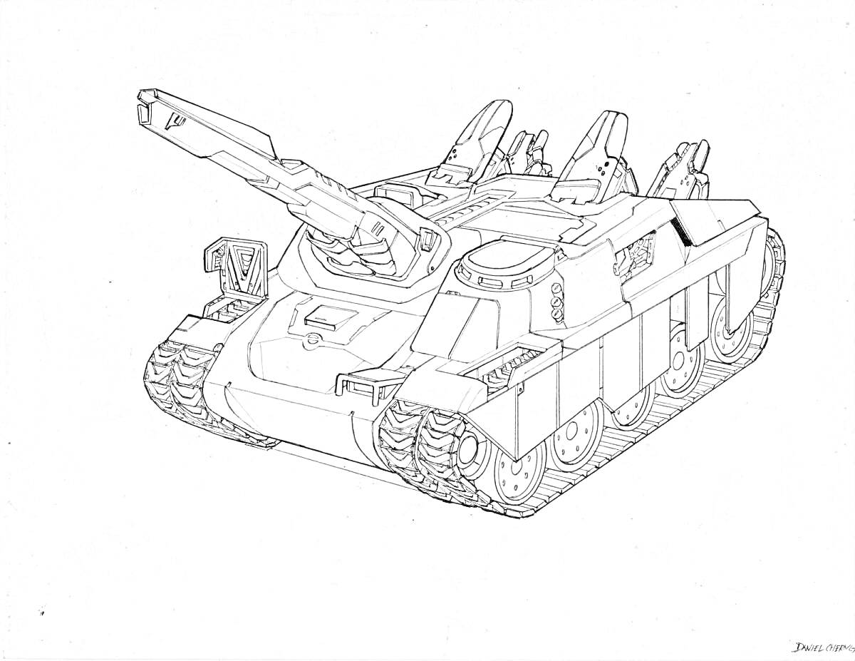 Раскраска Монстр танк с пушкой и гусеницами, шесть стволов, бронированный корпус