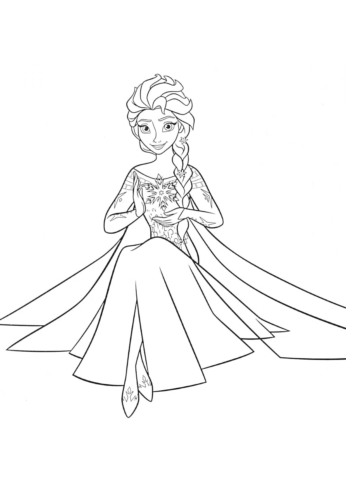 Раскраска Эльза с длинной косой и узором на платье, сидящая на полу