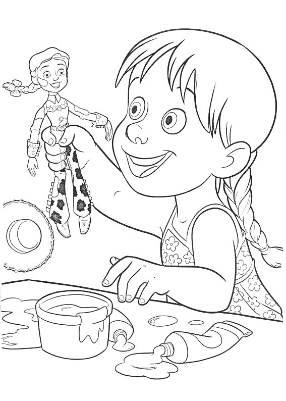 Девочка с куклой Джесси, краски, кисточка, банка с краской, игрушечное лассо на столе.