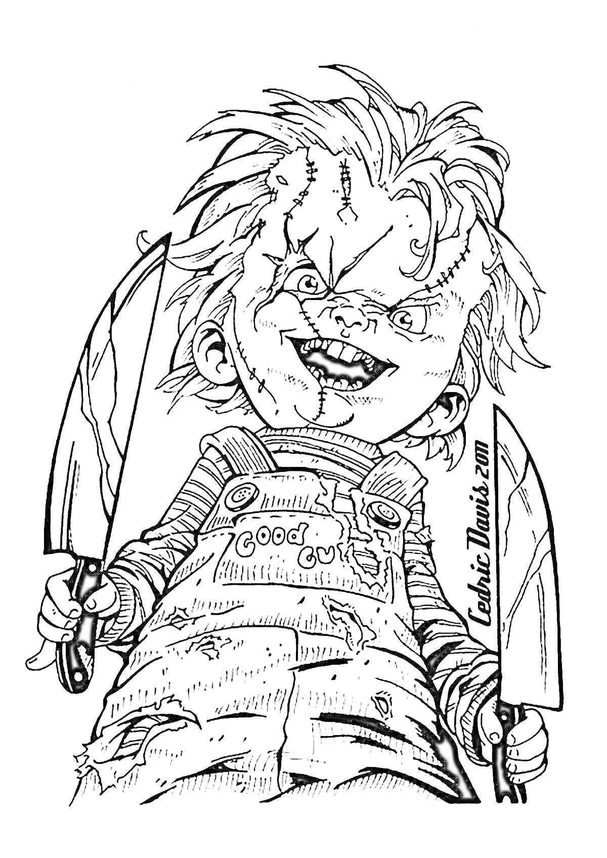 Раскраска Детская кукла с ножами в руках, с изуродованным лицом и растрепанными волосами