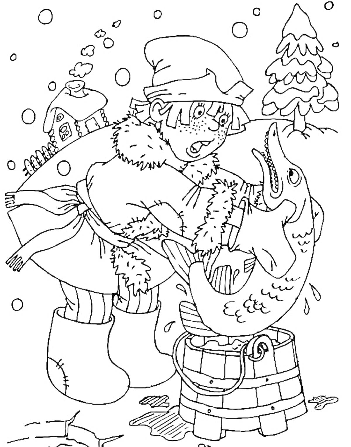 На раскраске изображено: Снег, Щука, Мальчик, Тулуп, Валенки, Зима, Домик, Снегопад