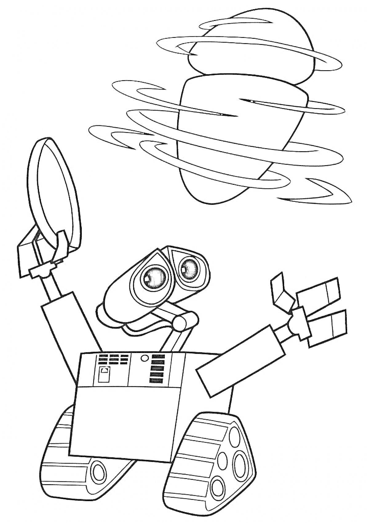Раскраска Валли с тарелкой на колесной базе и облаком сверху