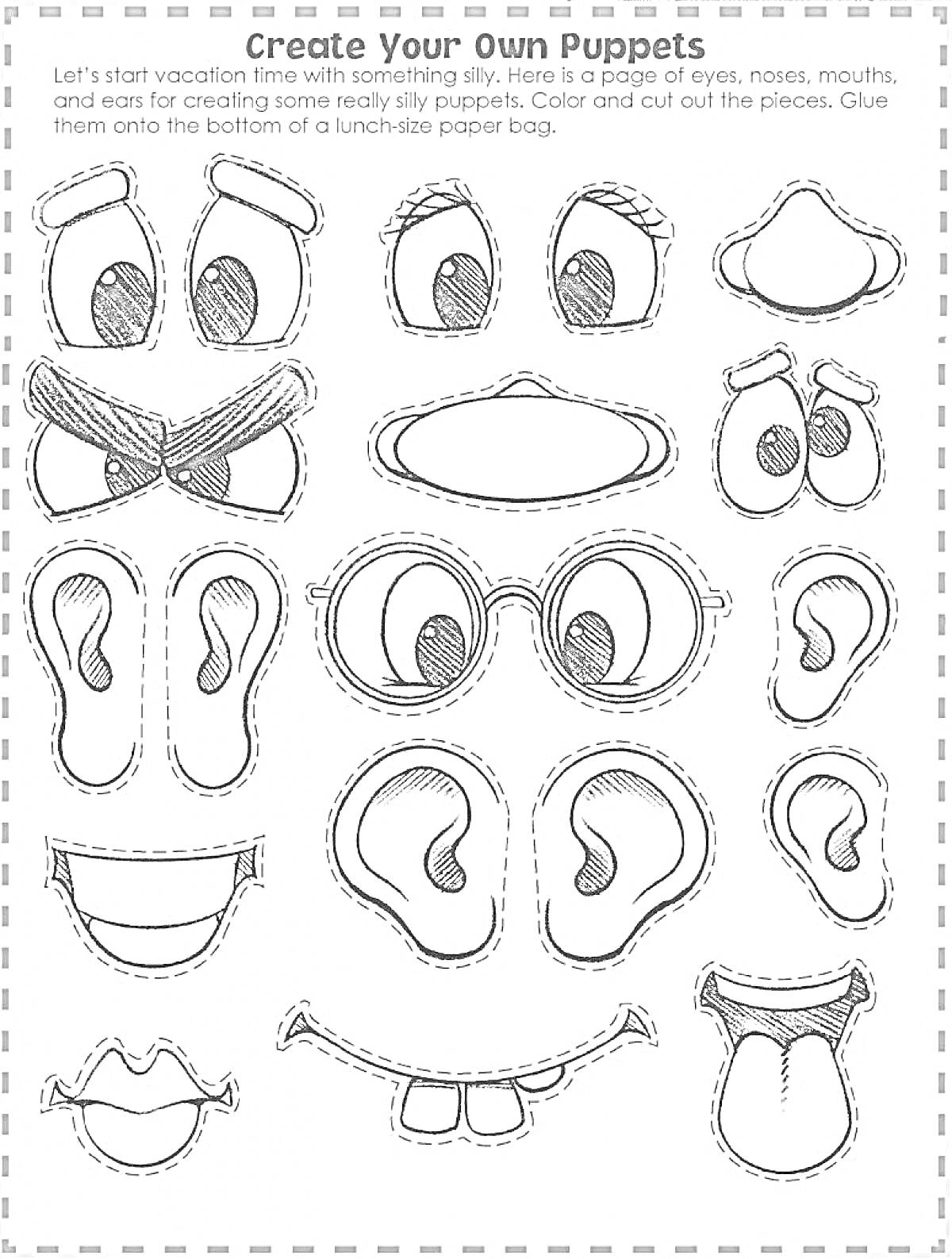 Раскраска Лист с элементами для создания марионеток: глаза, брови, носы, уши, рты и языки