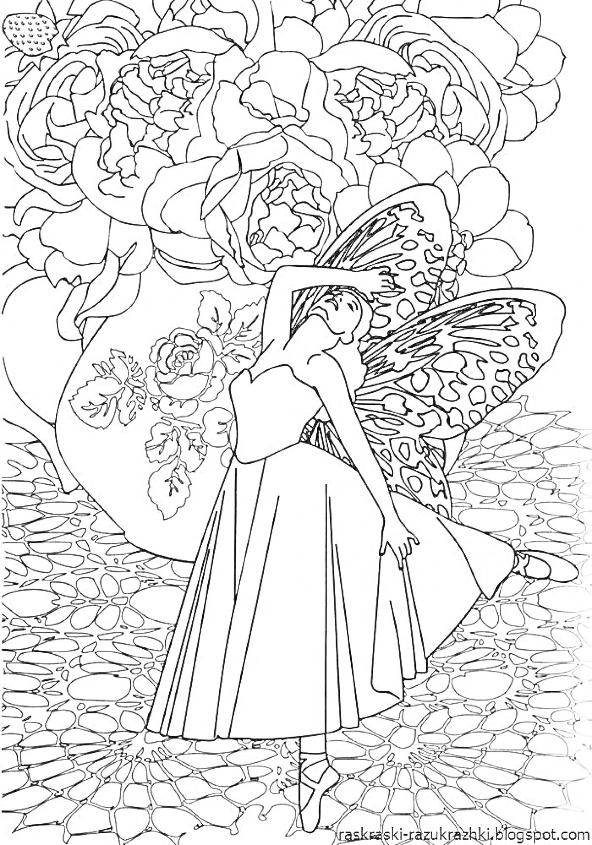 Раскраска Фея с большими крыльями среди цветов на фоне цветочного узора