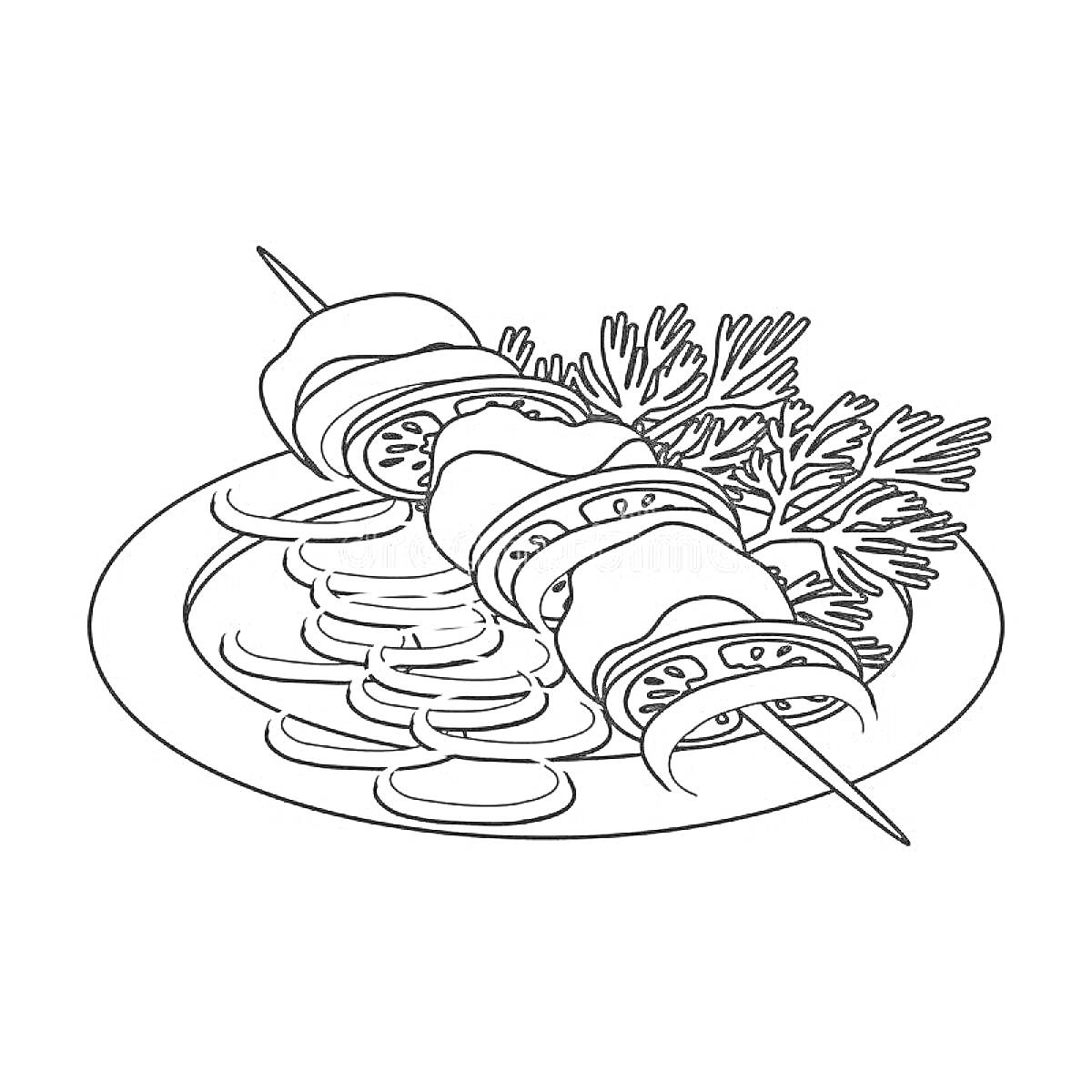На раскраске изображено: Шашлык, Овощи, Зелень, Лук, Тарелка, Еда