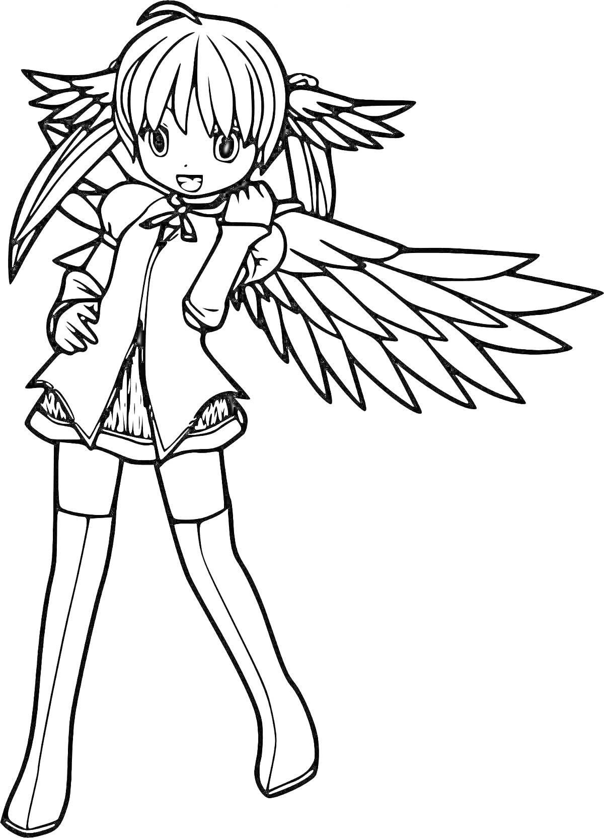 Раскраска Аниме ангел: девочка с крыльями, короткие волосы, наряд со штанами и сапогами