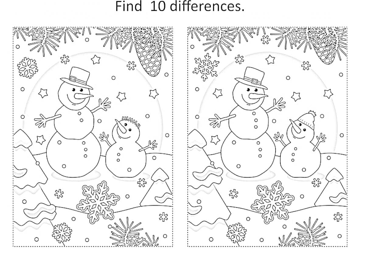 Раскраска Два снеговика среди снежных гор и звездочек на зимнем фоне. Сравнение двух изображений для поиска различий.