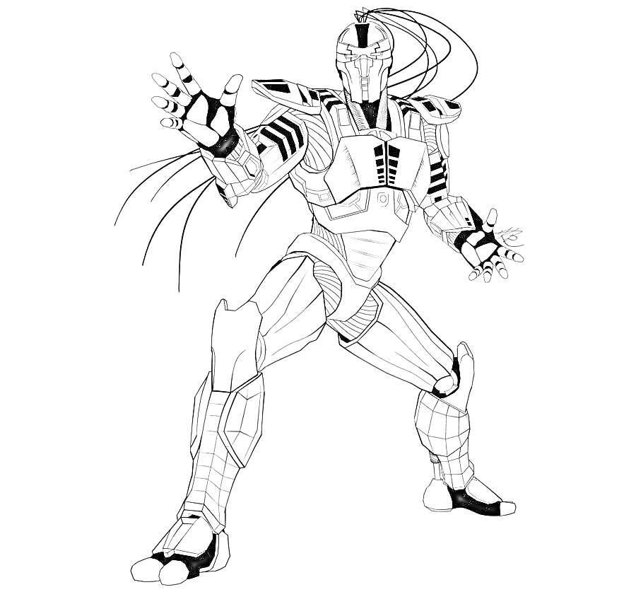 Робот-боец из Мортал Комбат с поднятыми руками готов к бою
