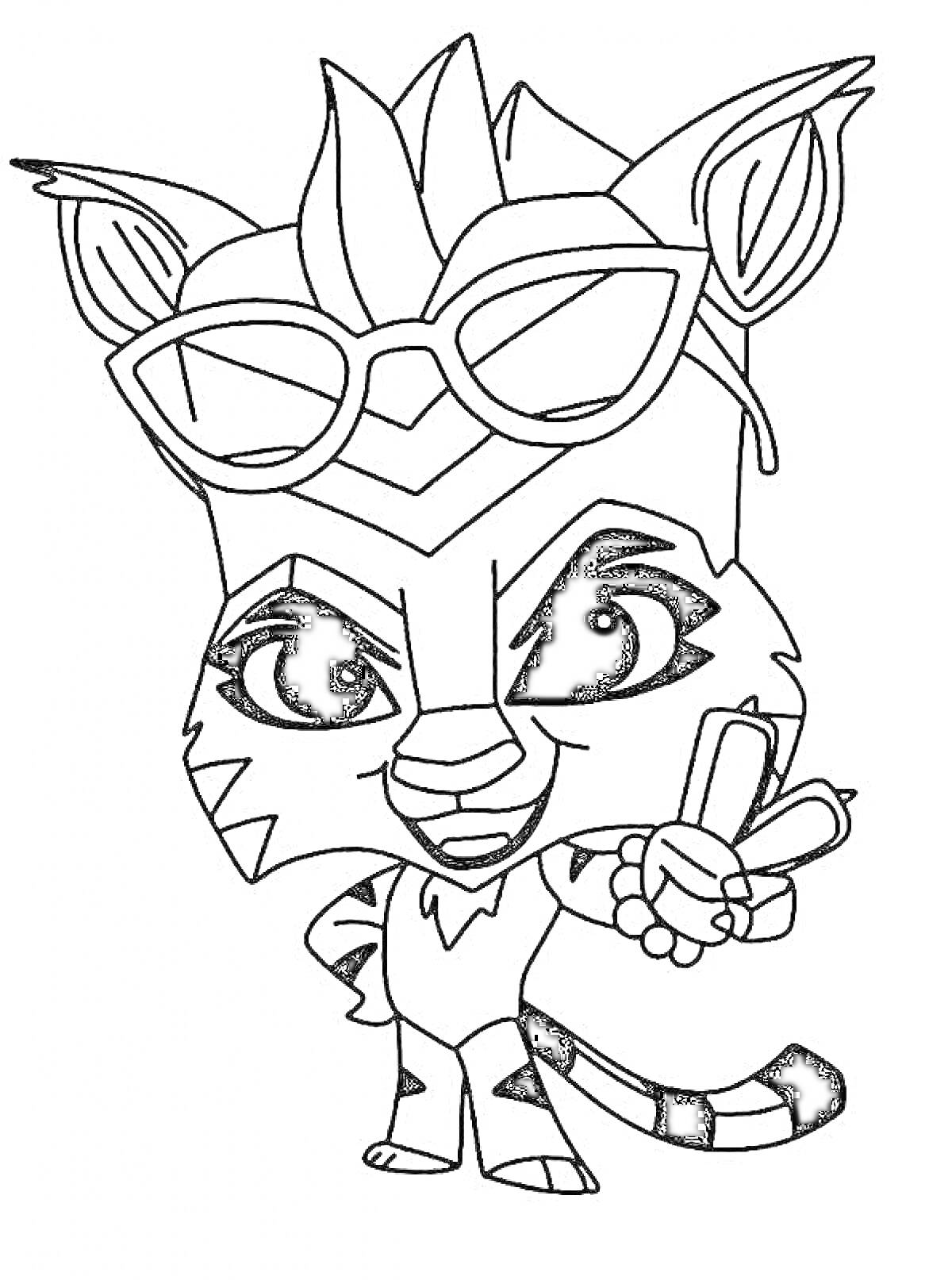 Раскраска Одетый в очки мультяшный тигр с крыльями в руке