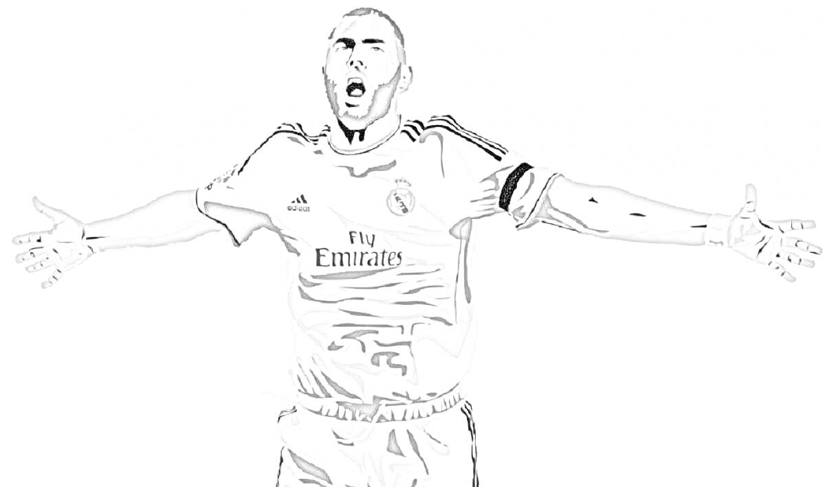 На раскраске изображено: Футболист, Поднятые руки, Футбольная форма, Спорт, Футбол
